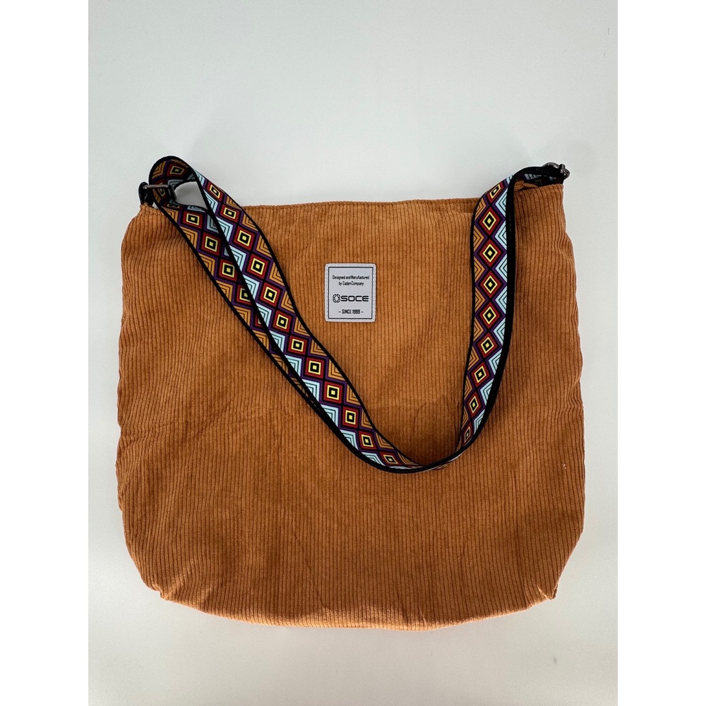 SOCE Brown Corduroy Tote Bag Geometric Strap Crossbody Shoulder Bag Zipper Camel